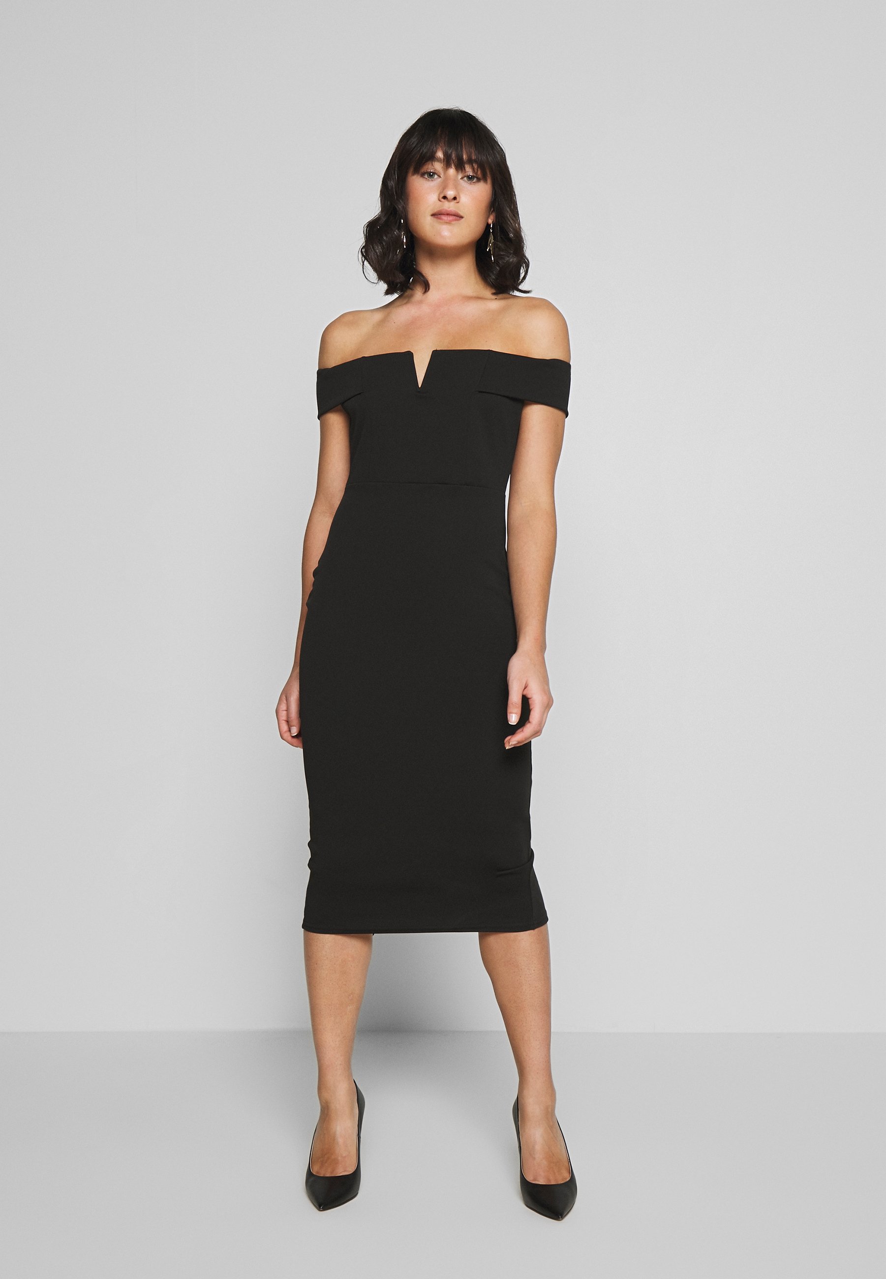 v front bardot midi dress black