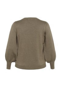Bruine lange mouw trui met opbollende mouwen, geribbelde manchetten en geribbelde zoom, van achteraf getoond op een witte achtergrond.