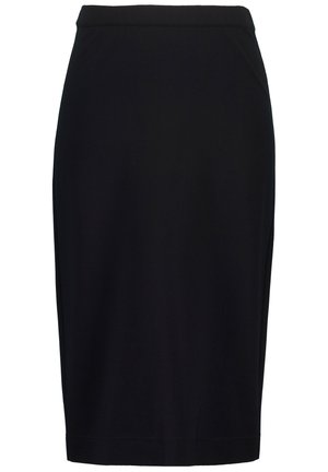 Černá tužková sukně z hladkého, elastického materiálu. Má úzký střih, délku ke kolenům a jemné boční švy pro elegantní vzhled.