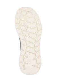 Semelle en caoutchouc blanc avec un motif texturé, comprenant des formes hexagonales et rectangulaires. La partie supérieure grise est visible le long du bord.