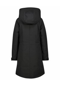 Schwarze wasserdichte Parka mit Kapuze, langen Ärmeln und geradem Schnitt. Zu den Merkmalen gehören Klettverschlussmanschetten und eine glatte, matte Textur.