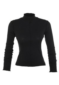 Schwarzer gerippter Rollkragenpullover, taillierte Passform, lange Ärmel mit Raffung an den Bündchen, weicher Stoff, minimalistischer Stil, keine sichtbaren Muster.