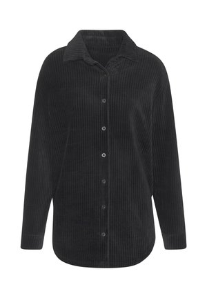 Schwarzes Cordhemd mit langen Ärmeln, Knopfleiste vorne und spitzem Kragen, mit vertikal gerippter Textur und abgerundetem Saum.