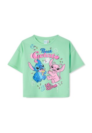 Maglietta verde menta per bambini con personaggi dei cartoni animati blu e rosa che mangiano gelato e testo "Il miglior gelato."