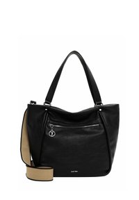 Sac à main en cuir noir avec une surface texturée, doté d'une poche zippée à l'avant et d'une bandoulière beige détachable.