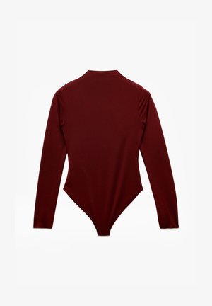 Body in tiefem Burgunderrot, mit langen Ärmeln, einem hohen Ausschnitt und einem figurbetonten Design mit einem tiefen V-ausschnitt am unteren Ende. Glattes, dehnbares Material.