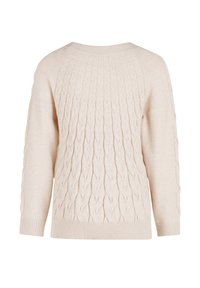 Beige svetr s pleteným vzorem a texturovaným zadním dílem, kulatým výstřihem a ribovaným lemem. Dlouhé rukávy se zúženými manžetami.
