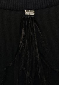 Top in maglia nera a costine con accento metallico arricchito da pietre trasparenti e lunghe piume nere come decorazione.