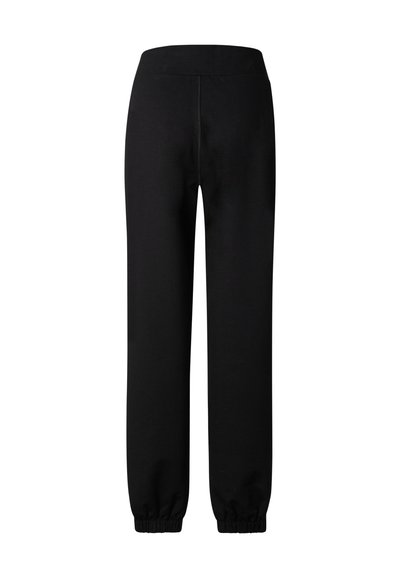 Black high-waist sweatpants with elastic cuffs and a straight-leg fit, shown on a white background.