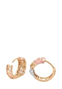Tofarvede guld hoops med intrikate udskæringer og snoede designs, præsenteret på en hvid baggrund.