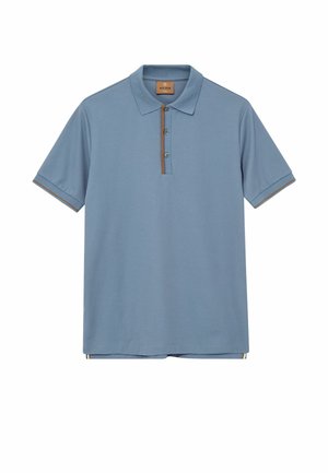 Blauw poloshirt met korte mouwen, drie knopen, bruine rand op de knopenbies en mouwzomen, en een kraag.