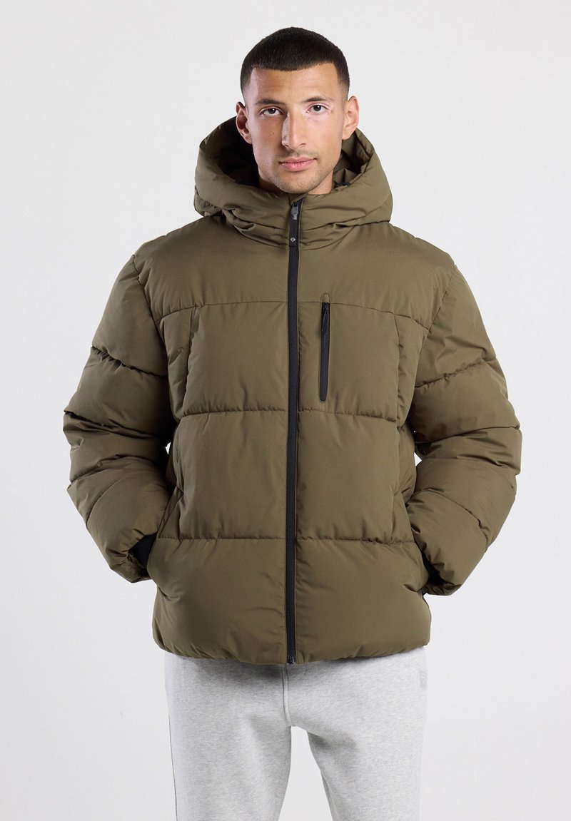 Olive green puffer jacket with a hood, featuring a front zipper, padded sections, and a zippered chest pocket. Soft, smooth texture.