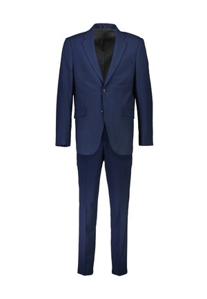 Navy blue suit with a notched lapel, single-breasted jacket, two buttons, and matching trousers. Smooth fabric with minimal texture.