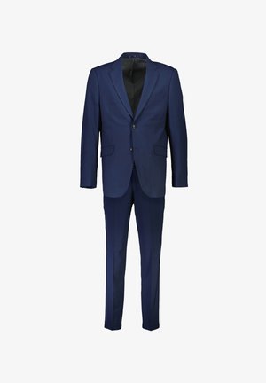 Navy blue suit with a notched lapel, single-breasted jacket, two buttons, and matching trousers. Smooth fabric with minimal texture.