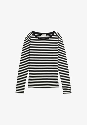 Svart- og hvitstripete langermet skjorte med rund hals og myk tekstur. Har jevnt fordelte horisontale striper overalt.