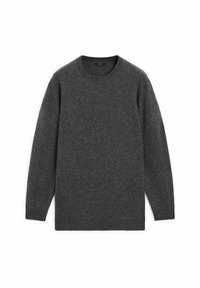 Pull gris foncé en tissu tricoté doux, avec un col rond et des manches longues, fini simplement avec une texture sobre. Aucun motif visible.