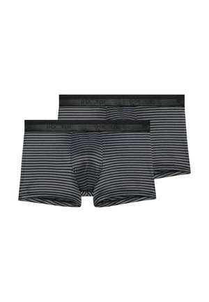 Zwei Paar schwarze und graue Boxershorts mit horizontalen Streifen für Herren mit schwarzen Bündchen, auf denen der Markenname HOM zu sehen ist.