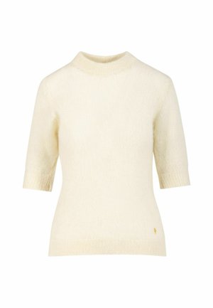 Pull en maille couleur crème à manches courtes avec col montant et poignets côtelés, doté d'un petit logo brodé près de l'ourlet inférieur.