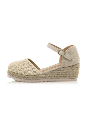 Cuña de espadrille con parte superior de textil tejido en color natural, correa de tobillo con hebilla y suela de yute en tonos tierra, que presenta un acabado texturizado.