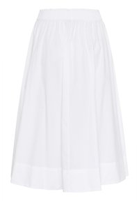 White knee-length skirt made of cotton, featuring an elastic waistband and pleated design with a smooth texture and a classic hemline.
