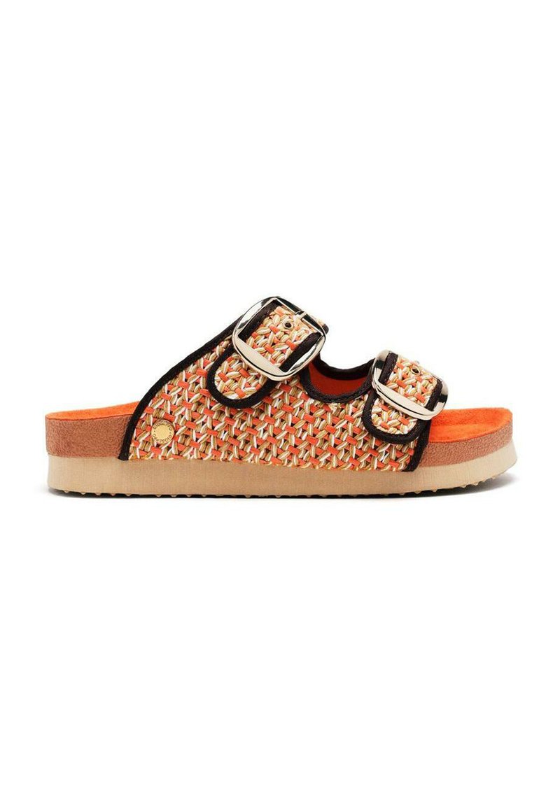 Sandales à glissière en tissu tissé avec un motif orange et crème, deux boucles réglables, et une semelle intérieure rembourrée orange avec une semelle texturée.