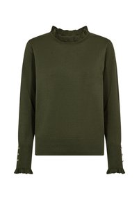 Olijfgroene langemouwen trui met een gerimpelde hoge hals en gerimpelde manchetten, met knoopaccenten op de mouwen en een rechte zoom.