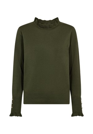 Olivgrön långärmad tröja med volangkrage och volangmanchetter, med knappdekorationer på ärmarna och rak nederkant.