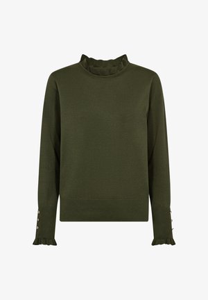 Olijfgroene langemouwen trui met een gerimpelde hoge hals en gerimpelde manchetten, met knoopaccenten op de mouwen en een rechte zoom.