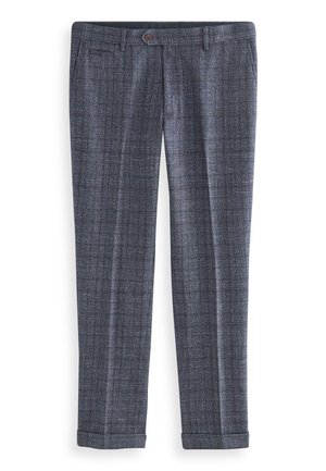 Marineblau karierte Hose aus feinem Textil, mit einem Knopfverschluss, zwei seitlichen Taschen und umgekrempelten Säumen.