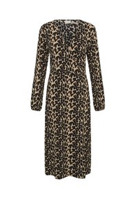 Robe à manches longues en imprimé léopard beige et noir, avec un décolleté en v, une taille élastique et une silhouette fluide. Tissu au toucher doux.