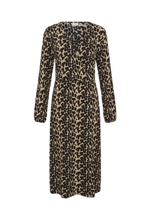 Robe à manches longues en imprimé léopard beige et noir, avec un décolleté en v, une taille élastique et une silhouette fluide. Tissu au toucher doux.