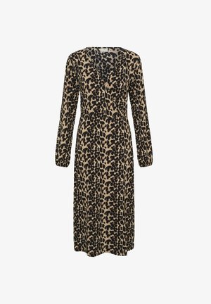 Bež in črna obleka z leopardjim vzorcem, dolgi rokavi, z V-izrezom, elastičnim pasom in tekočo silhueto. Mehka tekstura materiala.