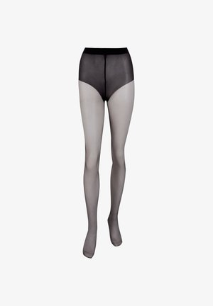 Sheer black pantyhose with opaque high-waist shorts and toes, displayed on legs against a white background.