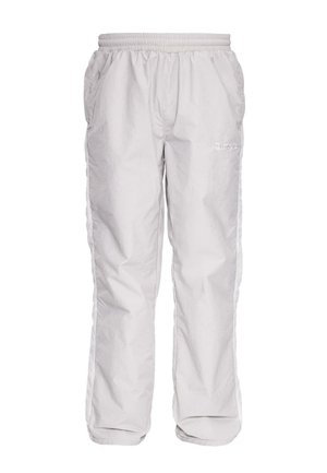 Weiße locker sitzende Hose mit elastischem Bund und Seitentaschen, mit dezentem besticktem Logo auf dem Oberschenkel.