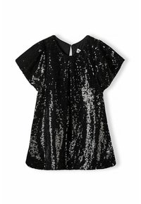 Top en sequins noirs avec des manches courtes et flottantes, décolleté en rond, fermeture à l'arrière avec une ouverture en clé, et une coupe décontractée. Texture scintillante sur toute la surface.