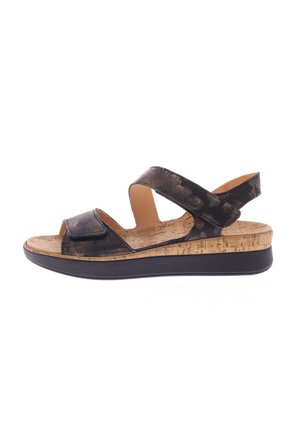 Black floral-patterned sandal with cork footbed, two adjustable straps, and a black thick sole.