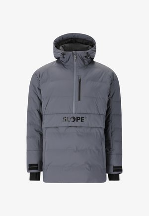 Grijze gewatteerde half-zip jas met verstelbare capuchon, voorzak met rits en zwart logo op de borst. Voorzien van elastische manchetten en een gestructureerde stof.