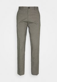 Pantalones de traje grises con una textura sutil, diseño de pierna recta, cierre de botón simple y presillas para cinturón. Estilo de frente plano, sin bolsillos visibles.