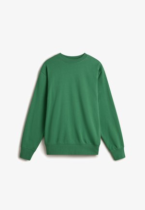 Groene sweatshirt met een ronde hals, lange mouwen en geribde manchetten; gemaakt van een zachte, gladde stof in een effen kleur.