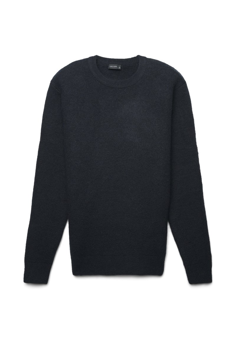 Maglione lavorato a maglia grigio scuro con collo rotondo, maniche lunghe e una texture morbida. Presenta polsini e orlo a costine per una vestibilità sicura.