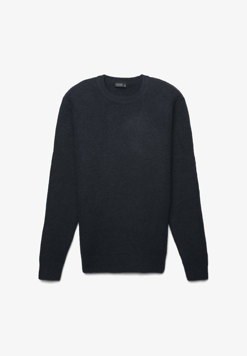 Maglione lavorato a maglia grigio scuro con collo rotondo, maniche lunghe e una texture morbida. Presenta polsini e orlo a costine per una vestibilità sicura.