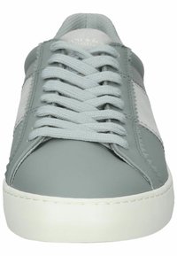 Gray leather sneaker with a smooth finish, textured gray laces, and a white rubber sole. Features a contrasting white stripe on the side.