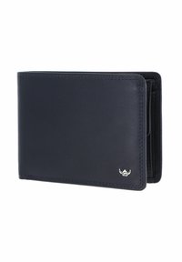 Portefeuille bi-pli en cuir noir avec coutures visibles, partiellement ouvert, avec un petit logo argenté en bas à droite.