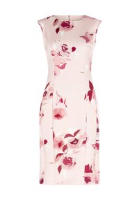 Ein tailliertes ärmelloses Kleid aus einem hellrosa Stoff mit einem floralen Muster in Rottönen und sanftem Pink, mit einem Reißverschluss hinten.
