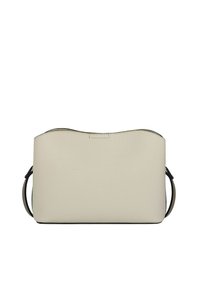 Beżowa skórzana torebka z fakturowaną powierzchnią, curved górną krawędzią i kontrastowym czarnym zamkiem. Posiada jedną górną rączkę.