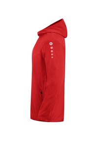 Rote, leichte Jacke mit Kapuze, die ein elegantes Design, elastische Bündchen und fünf runde Akzente an der linken Schulter aufweist.