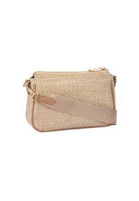 Borsa a spalla in paglia intrecciata color beige naturale con tracolla in pelle liscia e chiusura con zip. Presenta un logo sottile sulla tracolla.