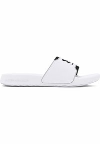 Hvid slide sandal lavet af tekstureret syntetisk materiale med en bred rem, der har et sort logo, fleksibel sål og subtile syninger.