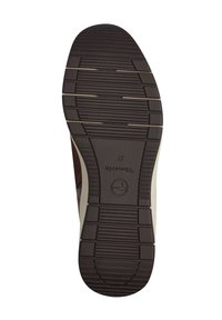 Brauner Gummi-Schuhsohle mit horizontalen und vertikalen Rillen für besseren Halt. Verfügt über eine cremefarbene Seite und ein eingeprägtes Markenlogo.