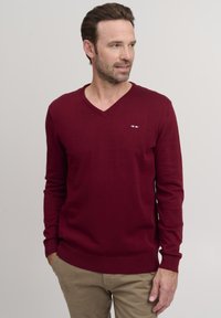 Maglione bordeaux a scollo a V in tessuto a maglia leggero, con maniche lunghe e un piccolo logo sul petto. Texture liscia e design aderente.